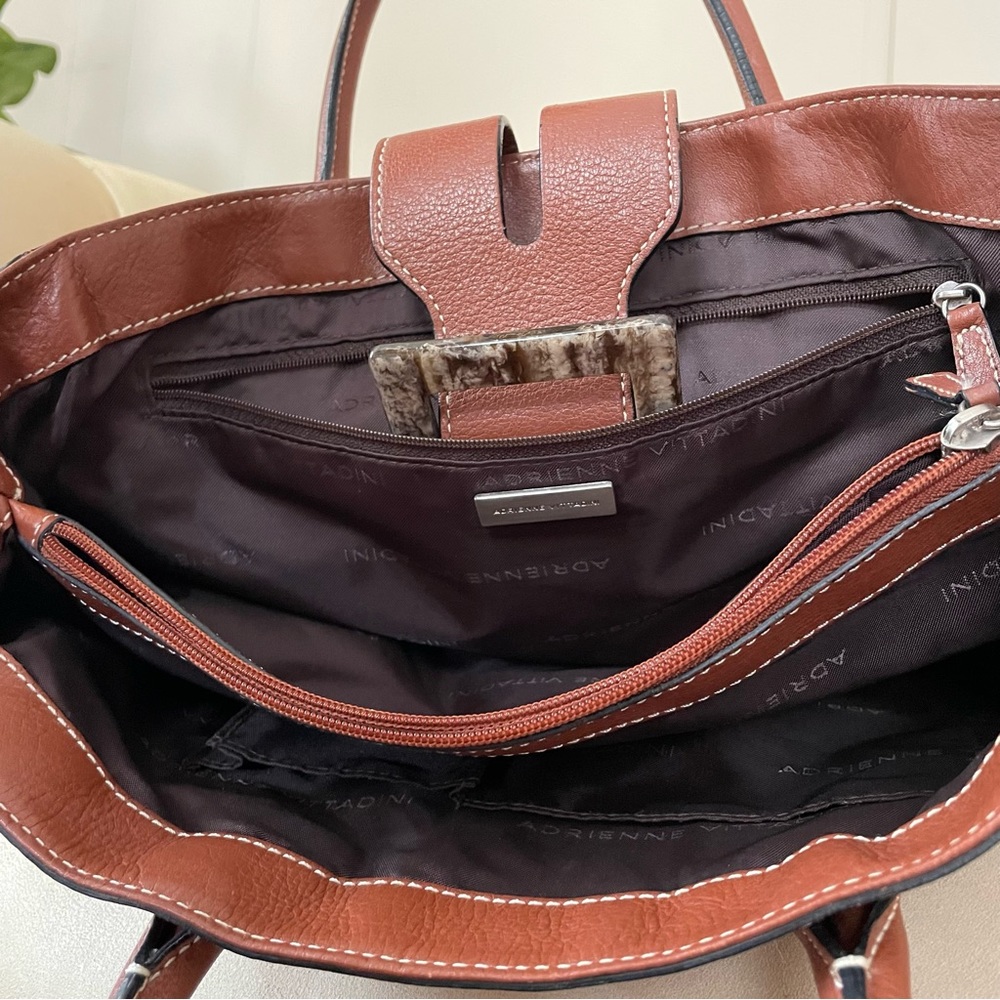 Adrienne Vittadini Camel Brown Leather Tote Bag - Picture 5 of 14